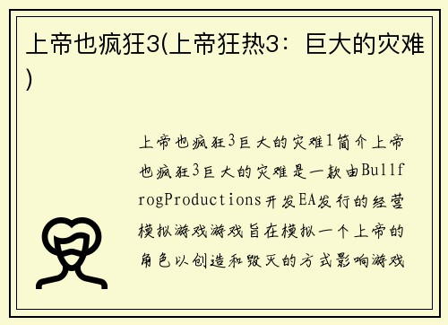 上帝也疯狂3(上帝狂热3：巨大的灾难)