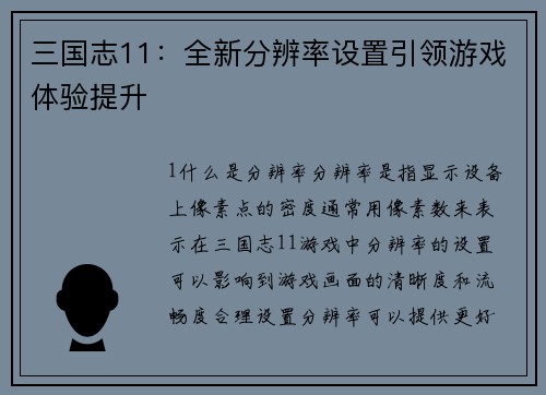 三国志11：全新分辨率设置引领游戏体验提升